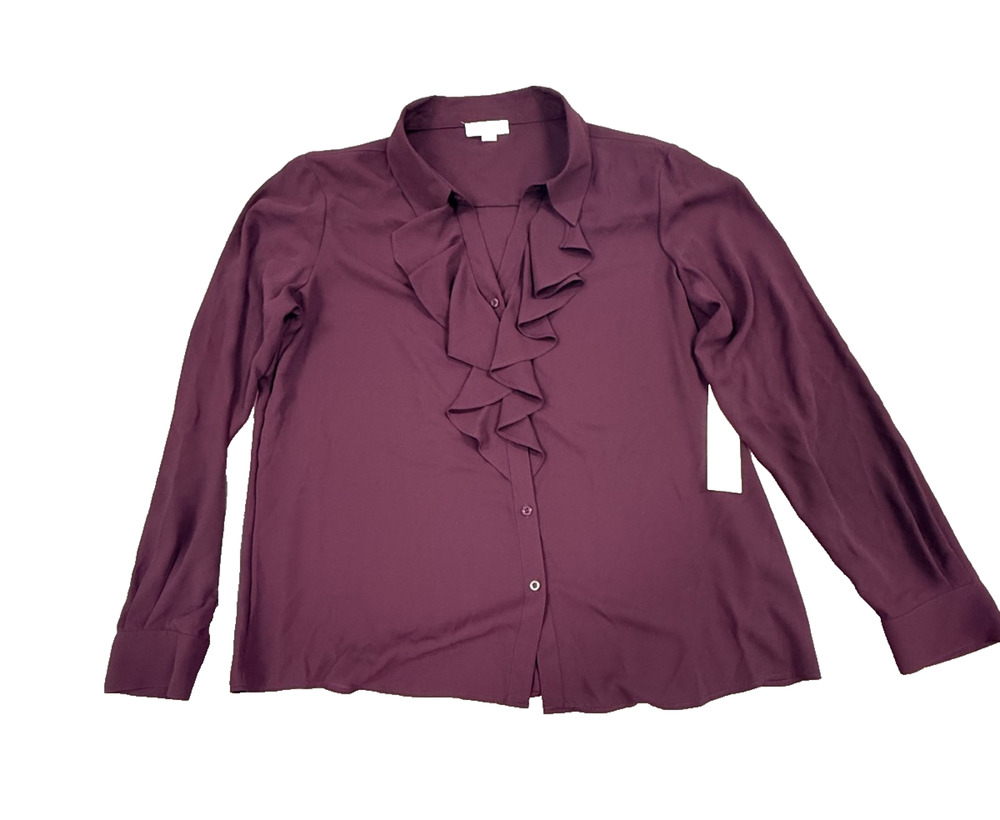 Calvin Klein Top Womens XL Deep Plum Long Sleeve Ruffle Front Blouse Preppy NWT